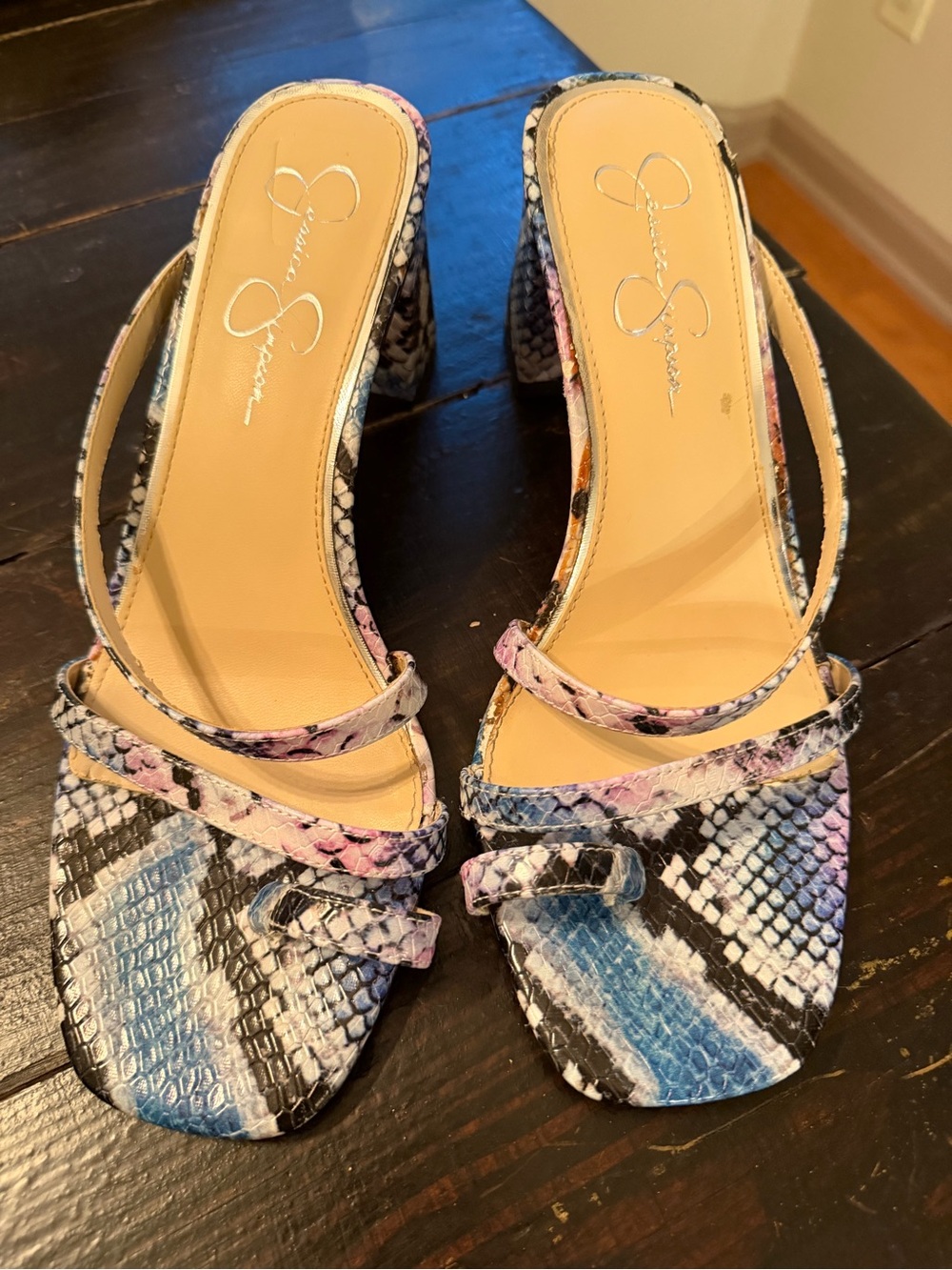 Jessica Simpson Blue and Pink Snake-Print Strappy Block Heel Sandals